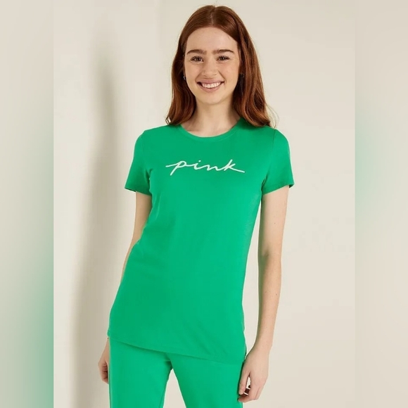 VS PINK Electric Green White Logo Knit Short Sleeve Perfect Everyday Tee XXL NEW - Picture 6 of 12